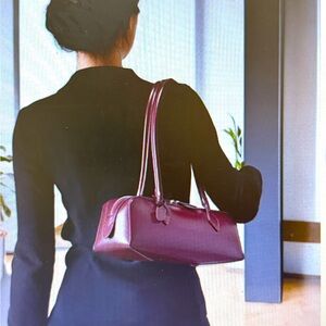 Burgundy Leather Shoulder Bag with Long Straps NEW